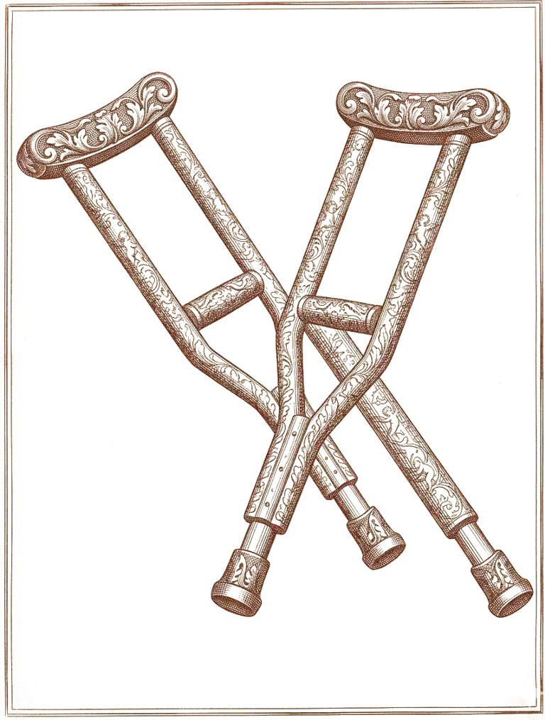 Illustration gravure XVIIIe — paire de béquilles symboles de la réparation du préjudice corporel